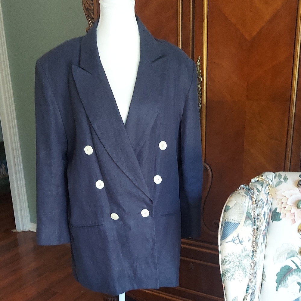 Ladies Elegant Navy Linen Double-Breasted Blazer